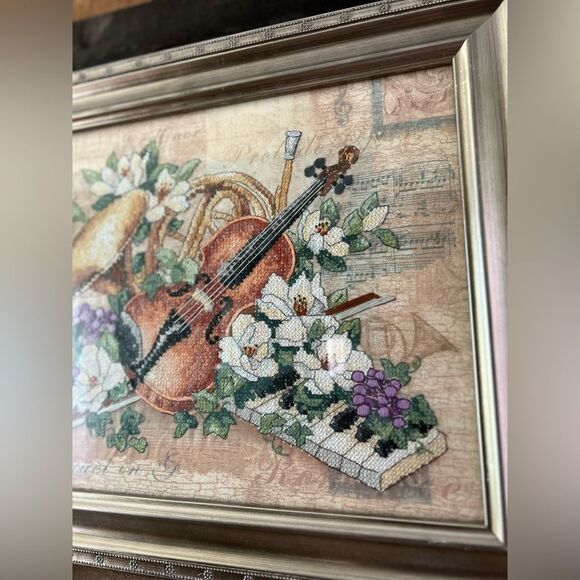“Floral Harmony "14" x11" Cross Stitch Completed Silver Framed Violin Piano - Picture 6 of 7